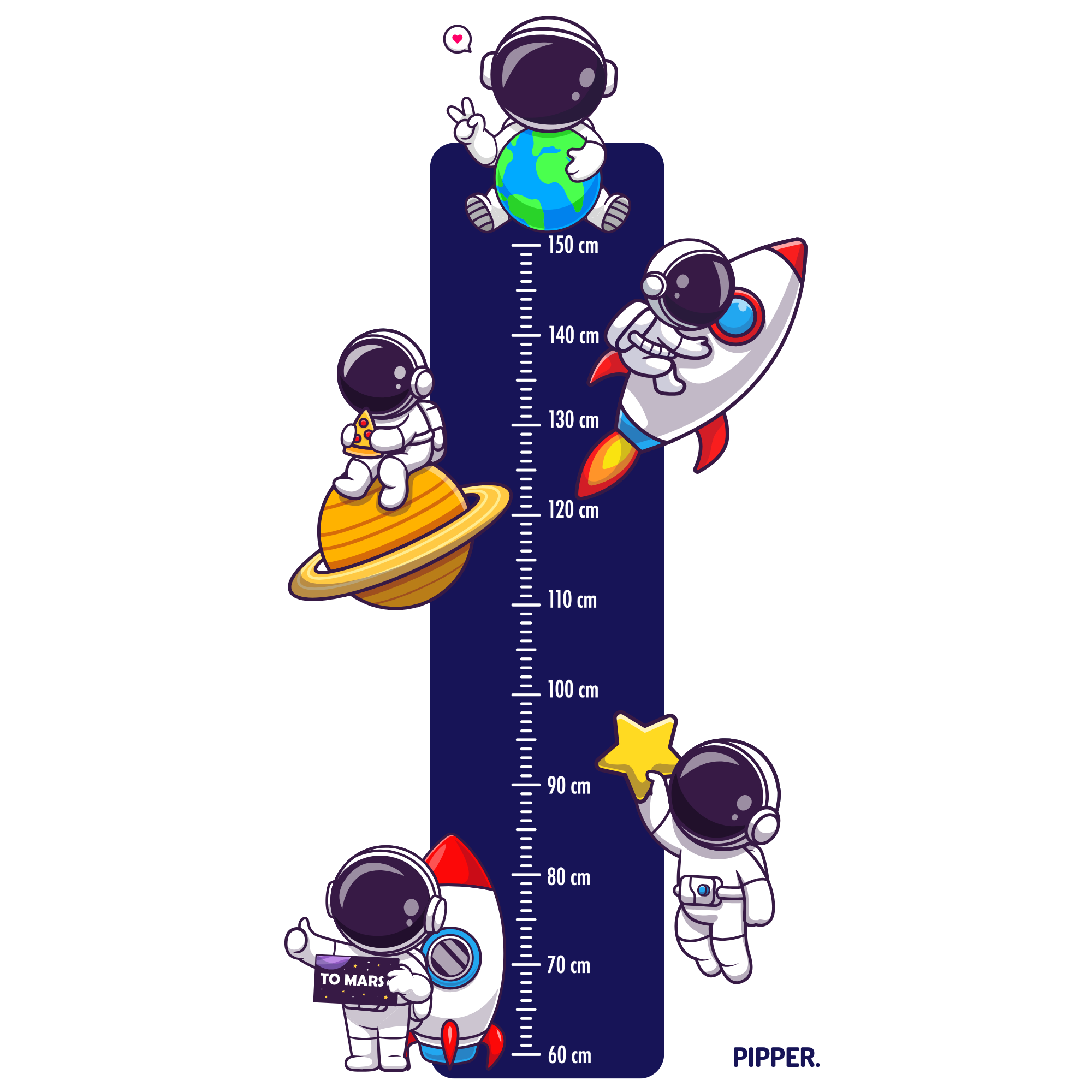Textilná nálepka na stenu - Detský meter - Astronauti